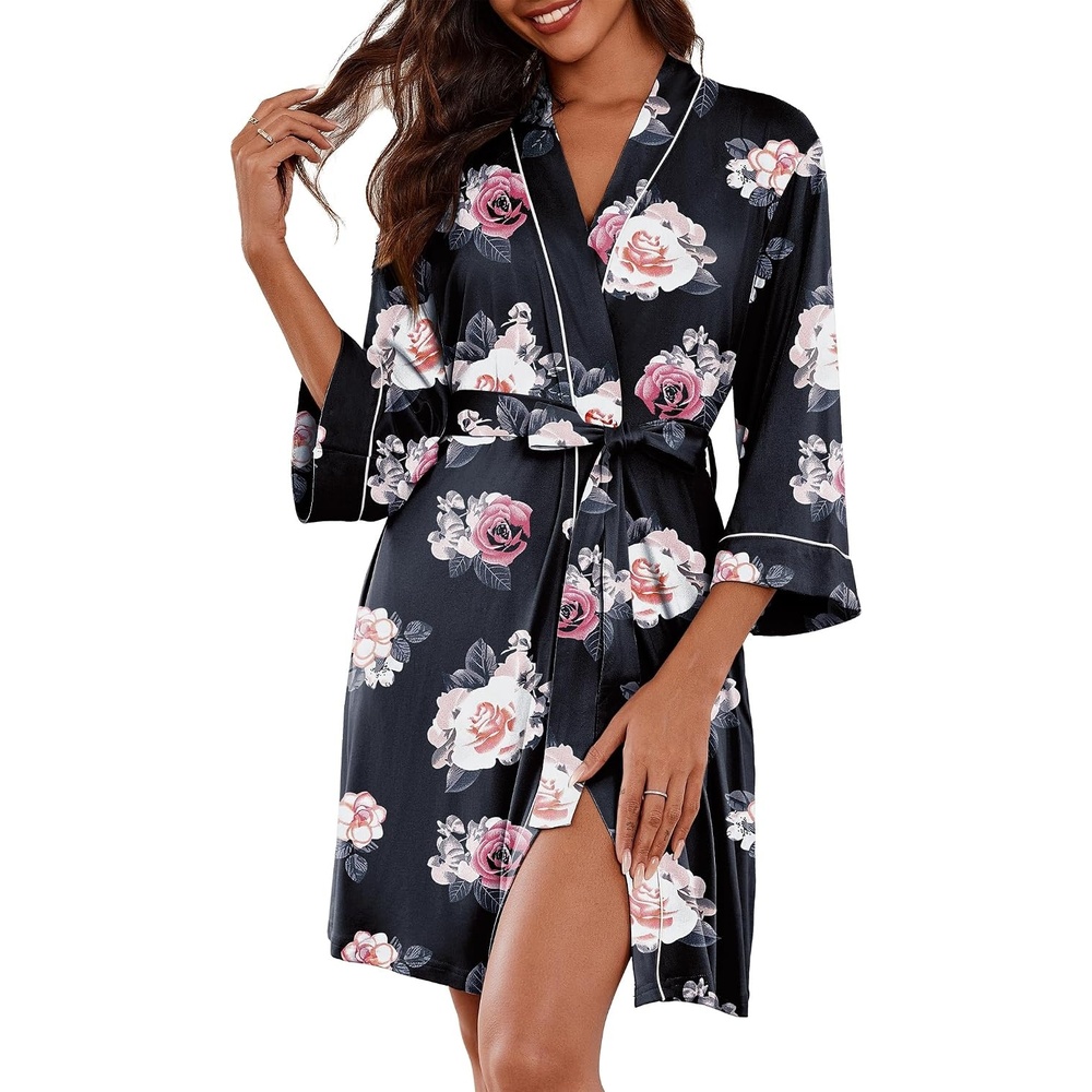 image:imageEkouaer Women Robes Knee Length Kimono Bathrobe Lightweight Soft Sleepwear 34 Sleeve Vneck Pocket Modern Trim Ideal Gift for Pregnancy Bridesmaid GiftsBlack Floral