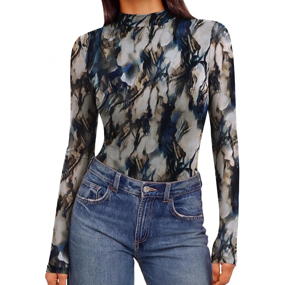 image:imageEkouaer Womens Mesh Long Sleeve Tops Fall Fashion Mock Neck Slim Fit Shirts Mock Turtleneck Floral Pattern Sheer Tulle Night Out Clothes Stretchy See Though Outfits Sexy Thermal BlousesTie Dye