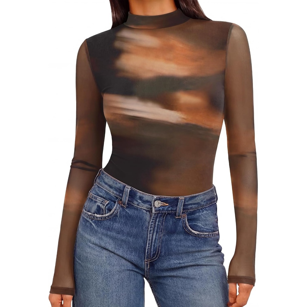 image:imageEkouaer Womens Mesh Long Sleeve Tops Fall Fashion Mock Neck Slim Fit Shirts Mock Turtleneck Floral Pattern Sheer Tulle Night Out Clothes Stretchy See Though Outfits Sexy Thermal BlousesTie Dye Print