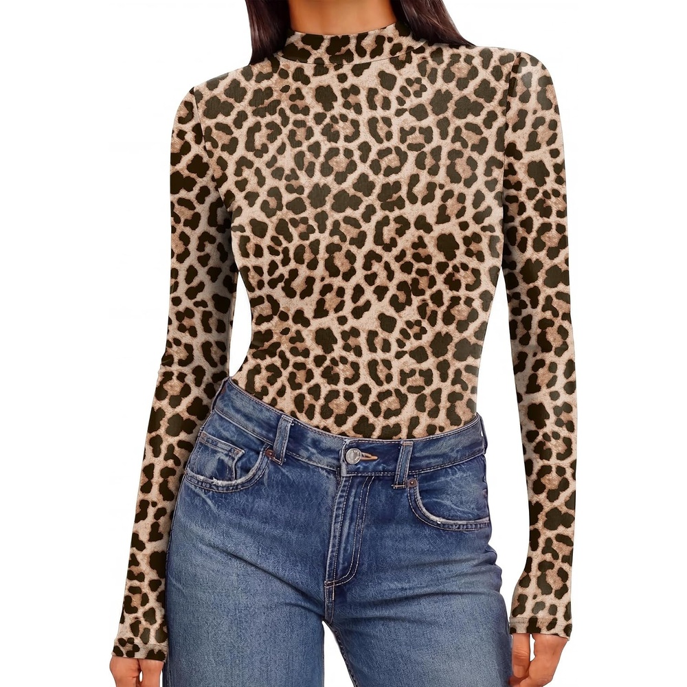 image:imageEkouaer Womens Mesh Long Sleeve Tops Fall Fashion Mock Neck Slim Fit Shirts Mock Turtleneck Floral Pattern Sheer Tulle Night Out Clothes Stretchy See Though Outfits Sexy Thermal BlousesLeopard Print