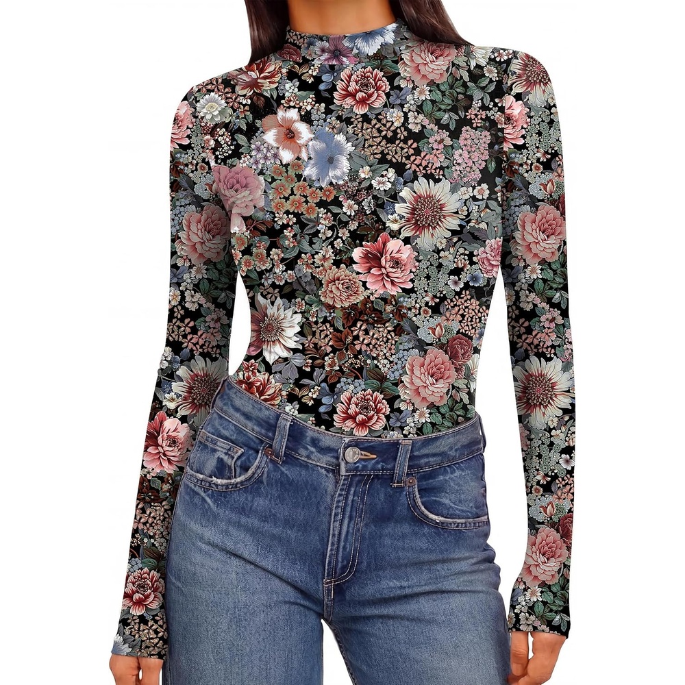 image:imageEkouaer Womens Mesh Long Sleeve Tops Fall Fashion Mock Neck Slim Fit Shirts Mock Turtleneck Floral Pattern Sheer Tulle Night Out Clothes Stretchy See Though Outfits Sexy Thermal BlousesFloral Fierce