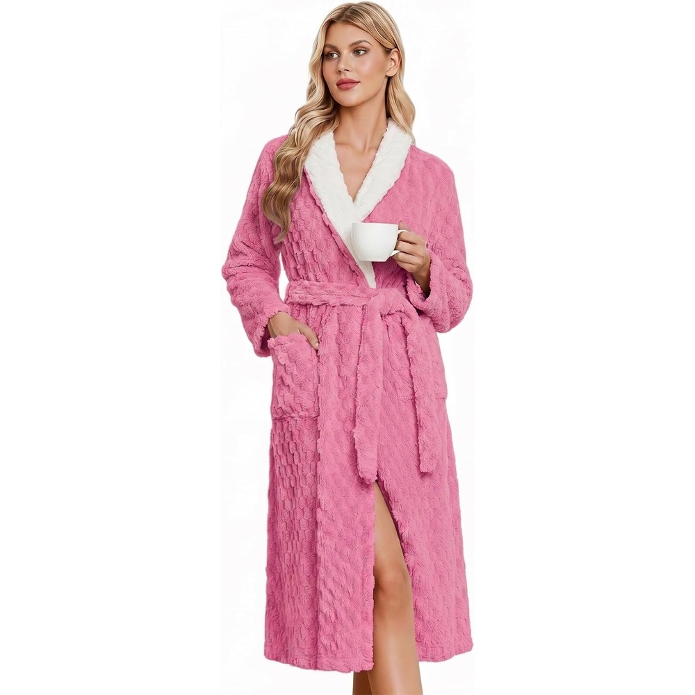 image:imageEkouaer Womens Robe Long Winter Plush Jacquard Bathrobe with Pockets SXXL Jacquard fabric Color block Shawl collar Long length Plush Fuzzy Fluffy Fleece Thick Sleepwear Winter Lounge wearPeach Pink