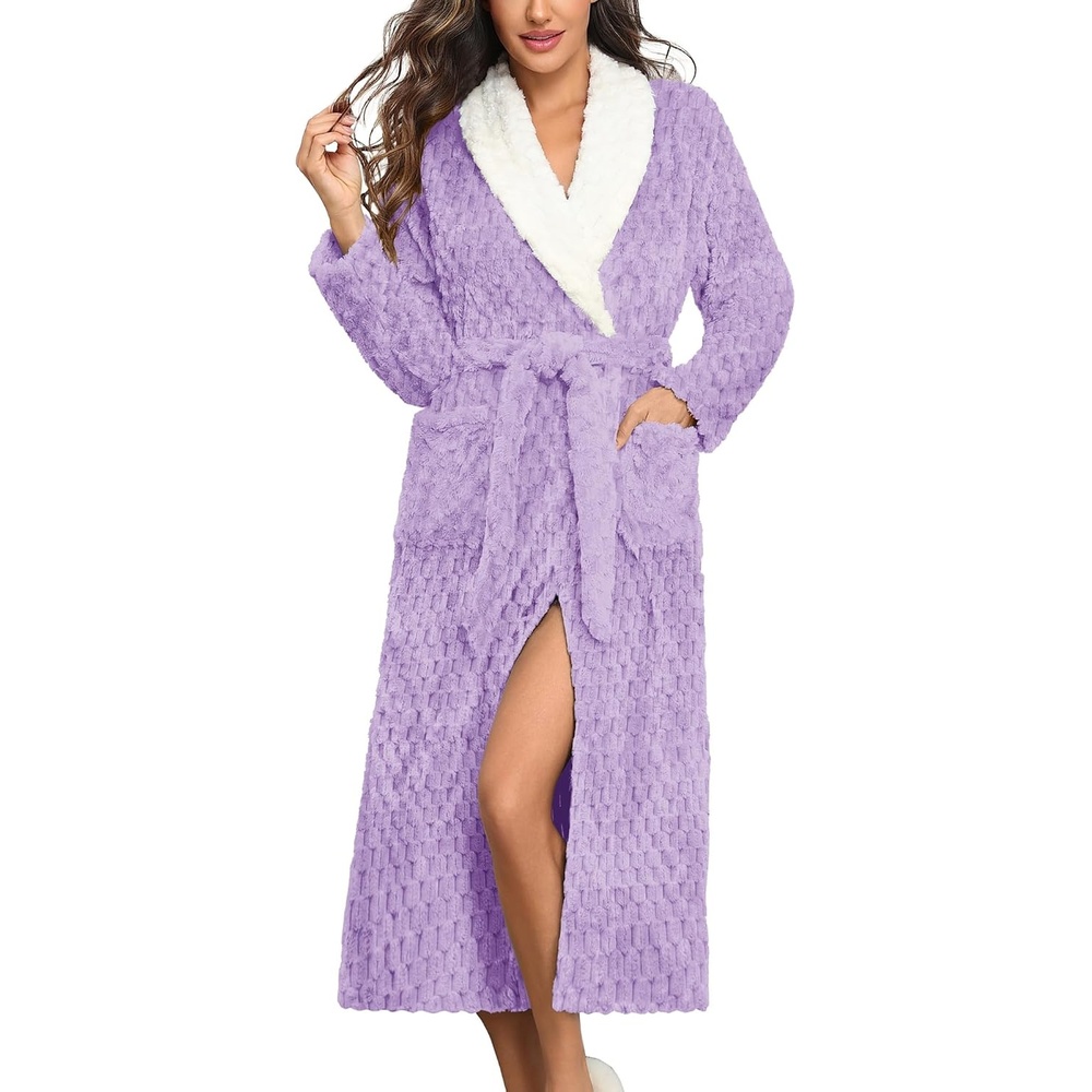 image:imageEkouaer Womens Robes Long Soft Plush Lapel Waem Bathrobe Light Purple XL Jacquard fabric Color block Shawl collar Long length Plush Fuzzy Fluffy Shaggy Thick Sleepwear Winter Lounge wear