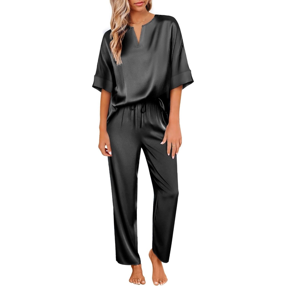 image:imageEkouaer Womens Satin Silky Pajama Set 2 Piece V Neck Silk Pjs with Pocket  Short SleeveSoft SleepwearLightweight Lounge SetsComfy LoungewearBridal Wedding Party Pajamas GiftsXS2XLBlack