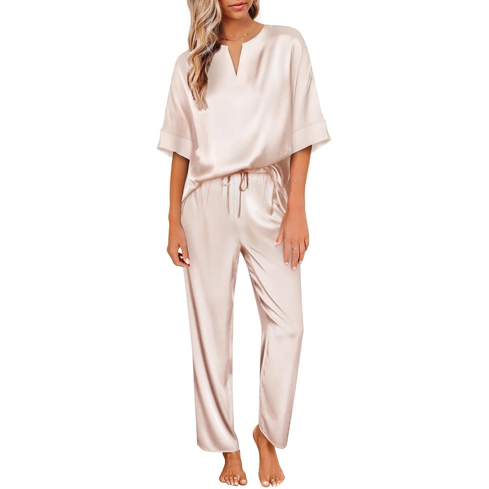 image:imageEkouaer Womens Satin Silky Pajama Set 2 Piece V Neck Silk Pjs with Pocket  Short SleeveSoft SleepwearLightweight Lounge SetsComfy LoungewearBridal Wedding Party Pajamas GiftsXS2XLChampagne