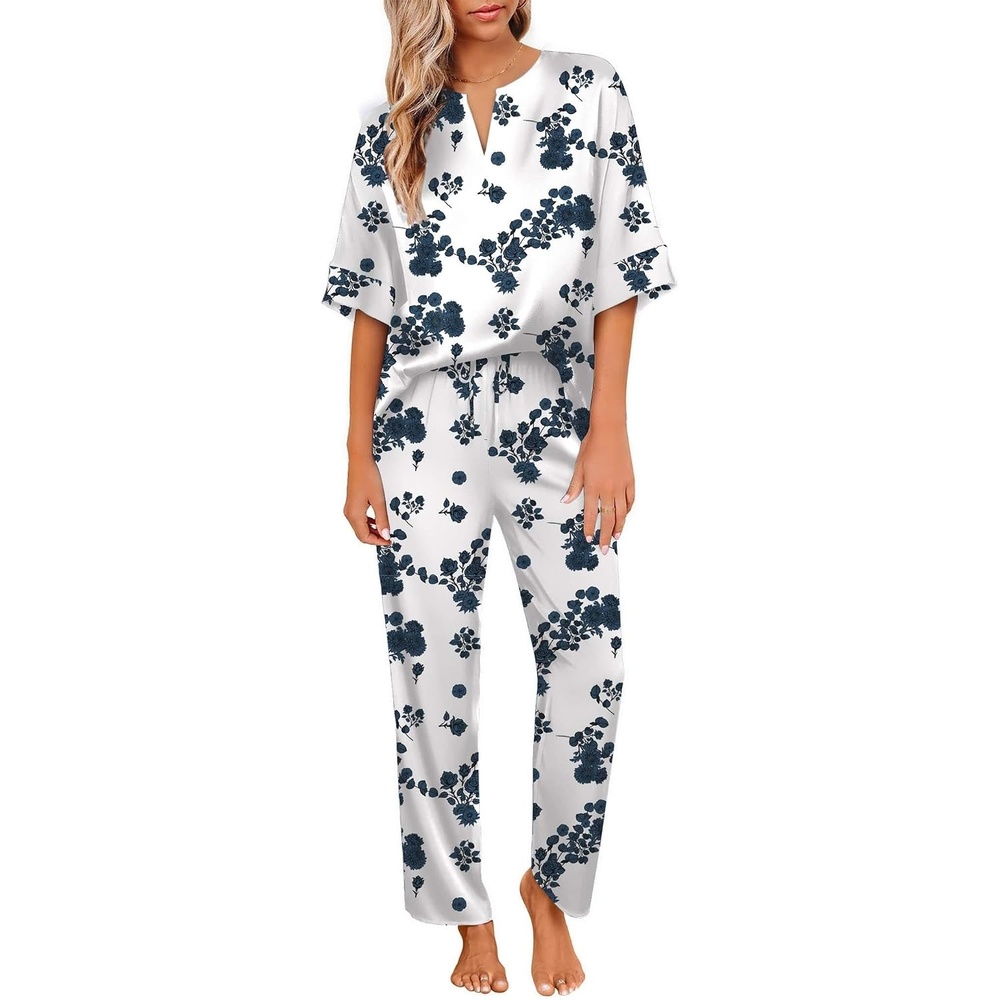 image:imageEkouaer Womens Satin Silky Pajama Set 2 Piece V Neck Silk Pjs with Pocket  Short SleeveSoft SleepwearLightweight Lounge SetsComfy LoungewearBridal Wedding Party Pajamas GiftsXS2XLFloral White
