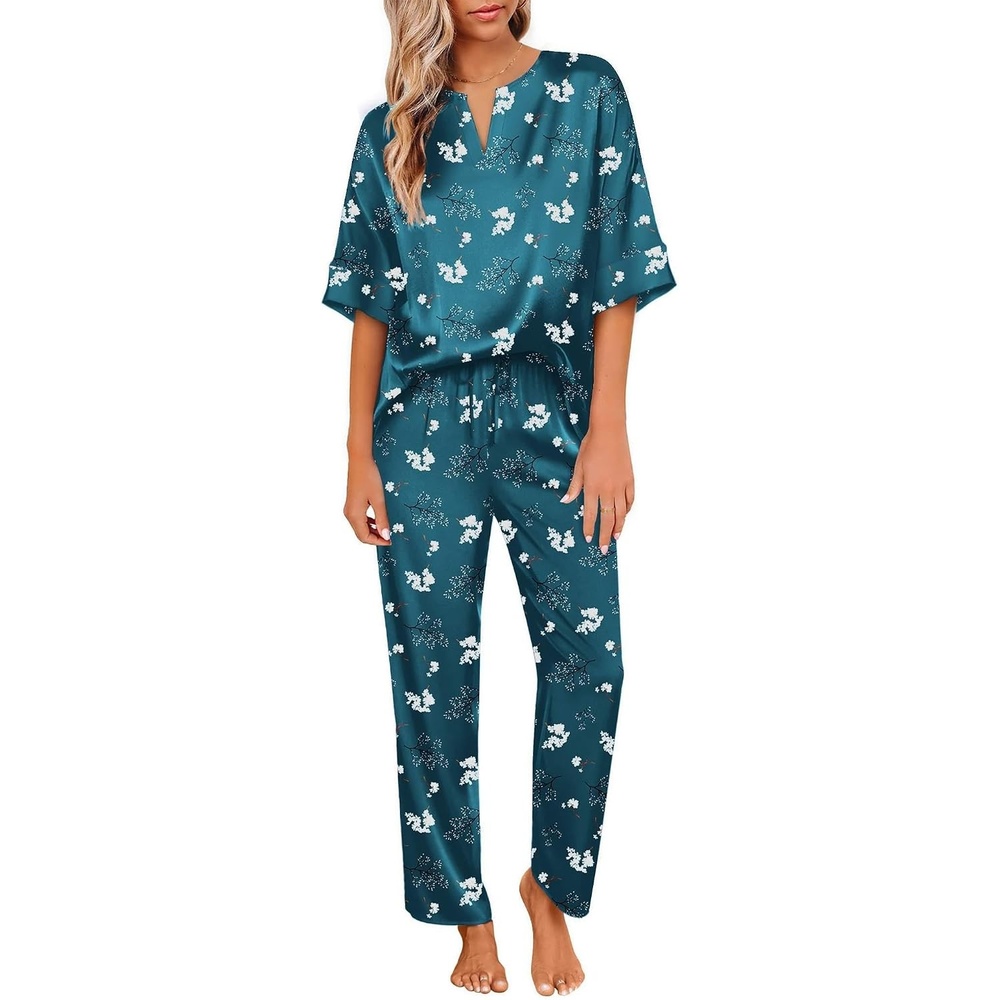 image:imageEkouaer Womens Satin Silky Pajama Set 2 Piece V Neck Silk Pjs with Pocket  Short SleeveSoft SleepwearLightweight Lounge SetsComfy LoungewearBridal Wedding Party Pajamas GiftsXS2XLFloral BlueGreen