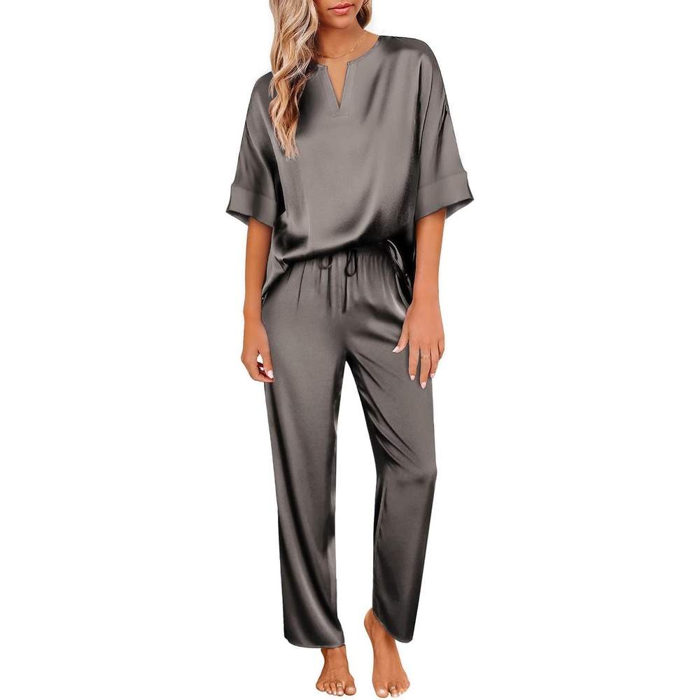 image:imageEkouaer Womens Satin Silky Pajama Set 2 Piece V Neck Silk Pjs with Pocket Short SleeveSoft SleepwearLightweight Lounge SetsComfy LoungewearBridal Wedding Party Pajamas GiftsXS2XLDark Grey