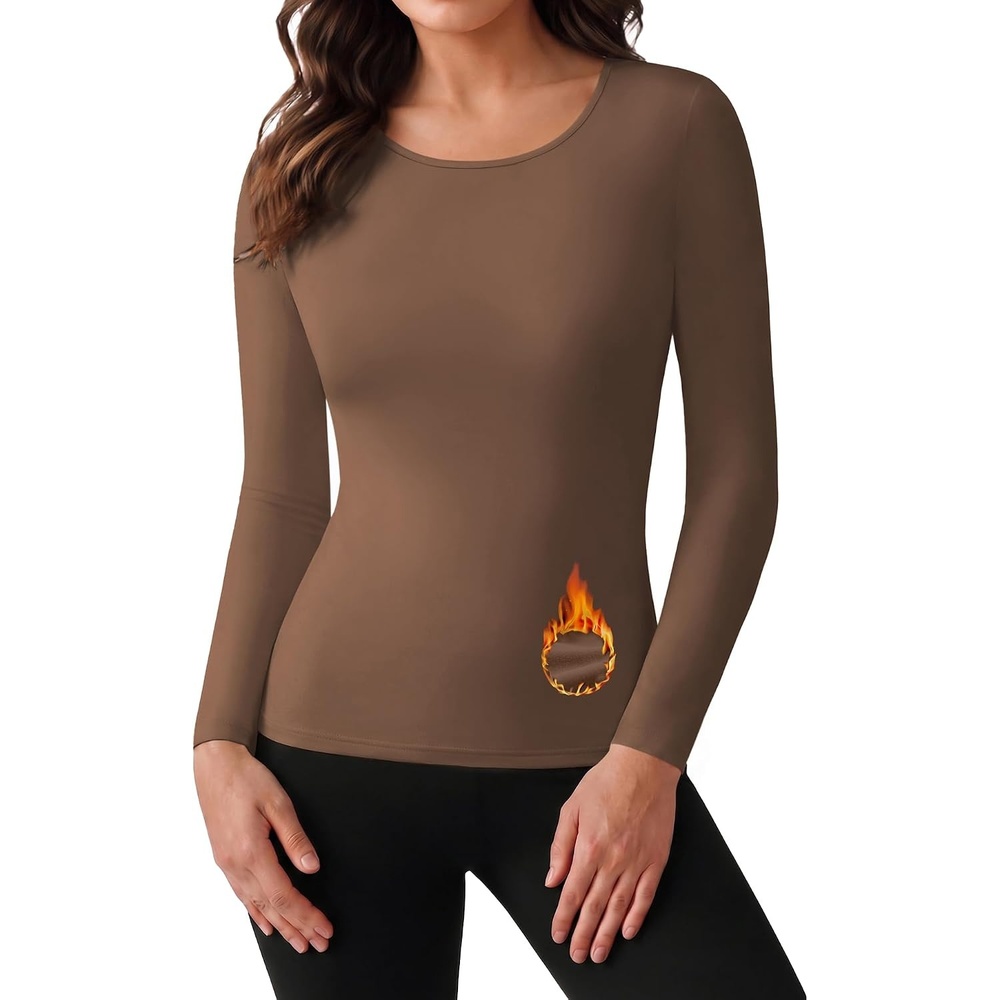image:imageLong Sleeve Shirts for Women Micro Fleece Thermal Underwear Tops Fitted Tee Lightweight Going Out TeesBasic Warm UndershirtsFitted Fall TShirtsSoft Crew Neck OutfitsCompression Casual TeesBrown