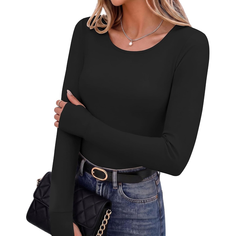 image:imageLong Sleeve Shirts for Women Thumb Hole Fitted Tops Thermal Layering Tees  Round Neck Thermal Undershirts Slim Fit Underwear Tops Casual Fall Outfits Trendy Y2K TShirts Work amp Going Out TopsBlack