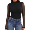 Ekouaer Womens Mesh Long Sleeve Tops Fall Fashion Mock Neck Slim Fit Shirts | Mock Turtleneck, Floral Pattern, Sheer Tulle, Night Out Clothes, Stretchy See Though Outfits, Sexy Thermal Blouses(A Black)