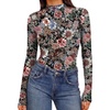 Ekouaer Womens Mesh Long Sleeve Tops Fall Fashion Mock Neck Slim Fit Shirts | Mock Turtleneck, Floral Pattern, Sheer Tulle, Night Out Clothes, Stretchy See Though Outfits, Sexy Thermal Blouses(Floral Fierce)