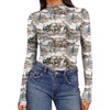 Ekouaer Womens Mesh Long Sleeve Tops Fall Fashion Mock Neck Slim Fit Shirts | Mock Turtleneck, Floral Pattern, Sheer Tulle, Night Out Clothes, Stretchy See Though Outfits, Sexy Thermal Blouses(Brown White)