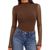 Ekouaer Womens Mesh Long Sleeve Tops Fall Fashion Mock Neck Slim Fit Shirts | Mock Turtleneck, Floral Pattern, Sheer Tulle, Night Out Clothes, Stretchy See Though Outfits, Sexy Thermal Blouses(Brown)