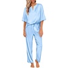 Ekouaer Women’s Satin Silky Pajama Set 2 Piece V Neck Silk Pjs with Pocket | Short Sleeve,Soft Sleepwear,Lightweight Lounge Sets,Comfy Loungewear,Bridal Wedding Party Pajamas Gifts,XS-2XL(Light Blue)
