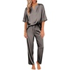 Ekouaer Women’s Satin Silky Pajama Set 2 Piece V Neck Silk Pjs with Pocket | Short Sleeve,Soft Sleepwear,Lightweight Lounge Sets,Comfy Loungewear,Bridal Wedding Party Pajamas Gifts,XS-2XL(Dark Grey)