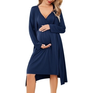 Ekouaer Maternity Nursing Gown and Robe Set Labor Delivery Nightgowns | Birthing Hospital Gowns, Skin-friendly, Postpartum Clothes, Split Front Flap, Elastic Waistline, Perfect for Pregnant Mommas(Navy Blue)