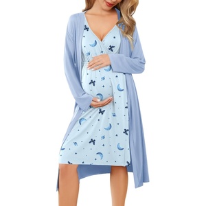 Ekouaer Maternity Nursing Gown and Robe Set Labor Delivery Nightgowns | Birthing Hospital Gowns, Skin-friendly, Postpartum Clothes, Split Front Flap, Elastic Waistline, Perfect for Pregnant Mommas(Light Blue Moon Planet Butterfly)