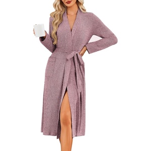 Ekouaer Robe for Women Long Knit Kimono Bathrobe Soft Lightweight Sleepwear | Bath Robe with Pockets, Cozy Loungewear 2026, Long Sleeves, Inner and Fixed Outer Tie, Mid Calf, Robe for Sleep Shower Travel(Dusty Rose)