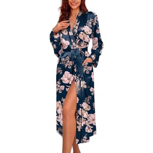 Ekouaer Satin Robes for Women Long Sleeve Silk Bathrobe Soft Lightweight Full Length Sleepwear Bridesmaid Wedding Party Robes(Black Pink Floral)