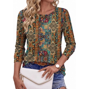 Ekouaer Womens Casual Shirts Long Sleeve Tops Thermal Tshirts Fall Clothes | Crewneck, Breathable, Comfort, Lightweight, Workout, Basic Tees, Solid or Graphic Tshirts, 2026 Fashion Outfit(Ethnic Print)