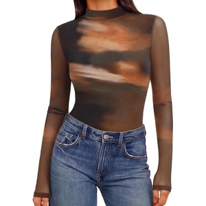 Ekouaer Womens Mesh Long Sleeve Tops Fall Fashion Mock Neck Slim Fit Shirts | Mock Turtleneck, Floral Pattern, Sheer Tulle, Night Out Clothes, Stretchy See Though Outfits, Sexy Thermal Blouses(Tie Dye Print)