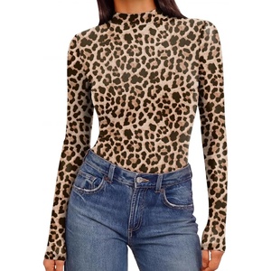 Ekouaer Womens Mesh Long Sleeve Tops Fall Fashion Mock Neck Slim Fit Shirts | Mock Turtleneck, Floral Pattern, Sheer Tulle, Night Out Clothes, Stretchy See Though Outfits, Sexy Thermal Blouses(Leopard Print)
