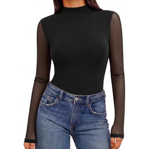 Ekouaer Womens Mesh Long Sleeve Tops Fall Fashion Mock Neck Slim Fit Shirts | Mock Turtleneck, Floral Pattern, Sheer Tulle, Night Out Clothes, Stretchy See Though Outfits, Sexy Thermal Blouses(A Black)