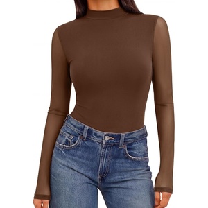 Ekouaer Womens Mesh Long Sleeve Tops Fall Fashion Mock Neck Slim Fit Shirts | Mock Turtleneck, Floral Pattern, Sheer Tulle, Night Out Clothes, Stretchy See Though Outfits, Sexy Thermal Blouses(Brown)