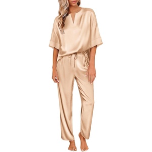 Ekouaer Women’s Satin Silky Pajama Set 2 Piece V Neck Silk Pjs with Pocket | Short Sleeve,Soft Sleepwear,Lightweight Lounge Sets,Comfy Loungewear,Bridal Wedding Party Pajamas Gifts,XS-2XL(Khaki)