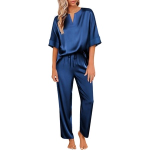 Ekouaer Women’s Satin Silky Pajama Set 2 Piece V Neck Silk Pjs with Pocket | Short Sleeve,Soft Sleepwear,Lightweight Lounge Sets,Comfy Loungewear,Bridal Wedding Party Pajamas Gifts,XS-2XL(Navy Blue)