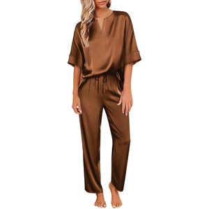 Ekouaer Women’s Satin Silky Pajama Set 2 Piece V Neck Silk Pjs with Pocket | Short Sleeve,Soft Sleepwear,Lightweight Lounge Sets,Comfy Loungewear,Bridal Wedding Party Pajamas Gifts,XS-2XL(Brown)