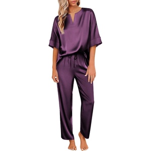Ekouaer Women’s Satin Silky Pajama Set 2 Piece V Neck Silk Pjs with Pocket | Short Sleeve,Soft Sleepwear,Lightweight Lounge Sets,Comfy Loungewear,Bridal Wedding Party Pajamas Gifts,XS-2XL(Deep Purple)