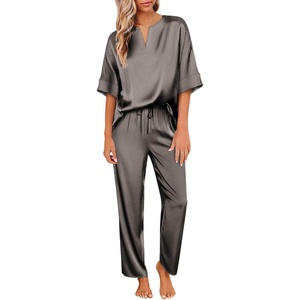 Ekouaer Women’s Satin Silky Pajama Set 2 Piece V Neck Silk Pjs with Pocket | Short Sleeve,Soft Sleepwear,Lightweight Lounge Sets,Comfy Loungewear,Bridal Wedding Party Pajamas Gifts,XS-2XL(Dark Grey)