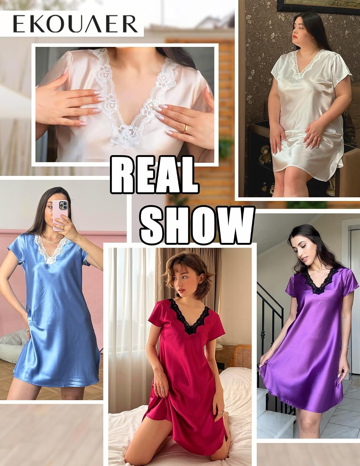 image:imageEkouaer Satin Nightgowns for Women Lace Nightgown Short Sleeve Nightshirt Satin Night Gowns Women Sexy Short Sleeves Night Dress Lace V Neck Above Knee Length Cocktail DatesBridal NightgownsRose Red