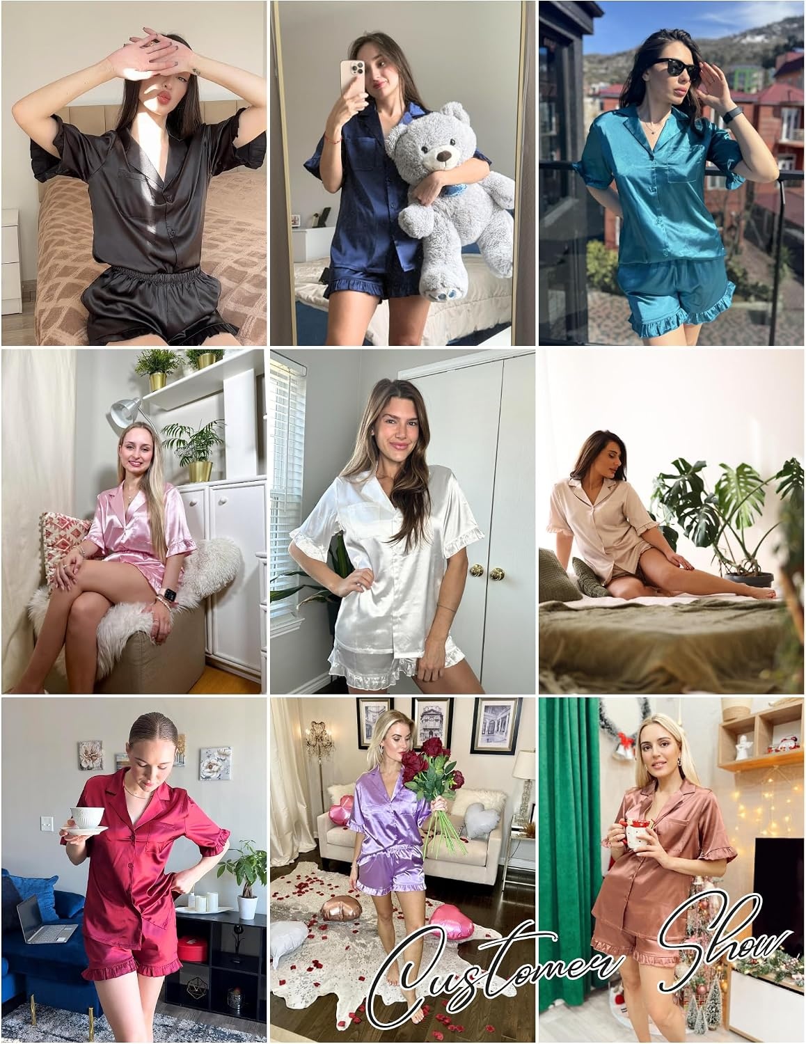 image:imageEkouaer Satin Pajama Set for Women 2 Piece Pj Sets Short Sleeve Sleepwear Super Soft Silky Summer Loungewear Set with Ruffle Short Sleeve Top and Pocket Shorts Casual Travel Daily GiftWind Red