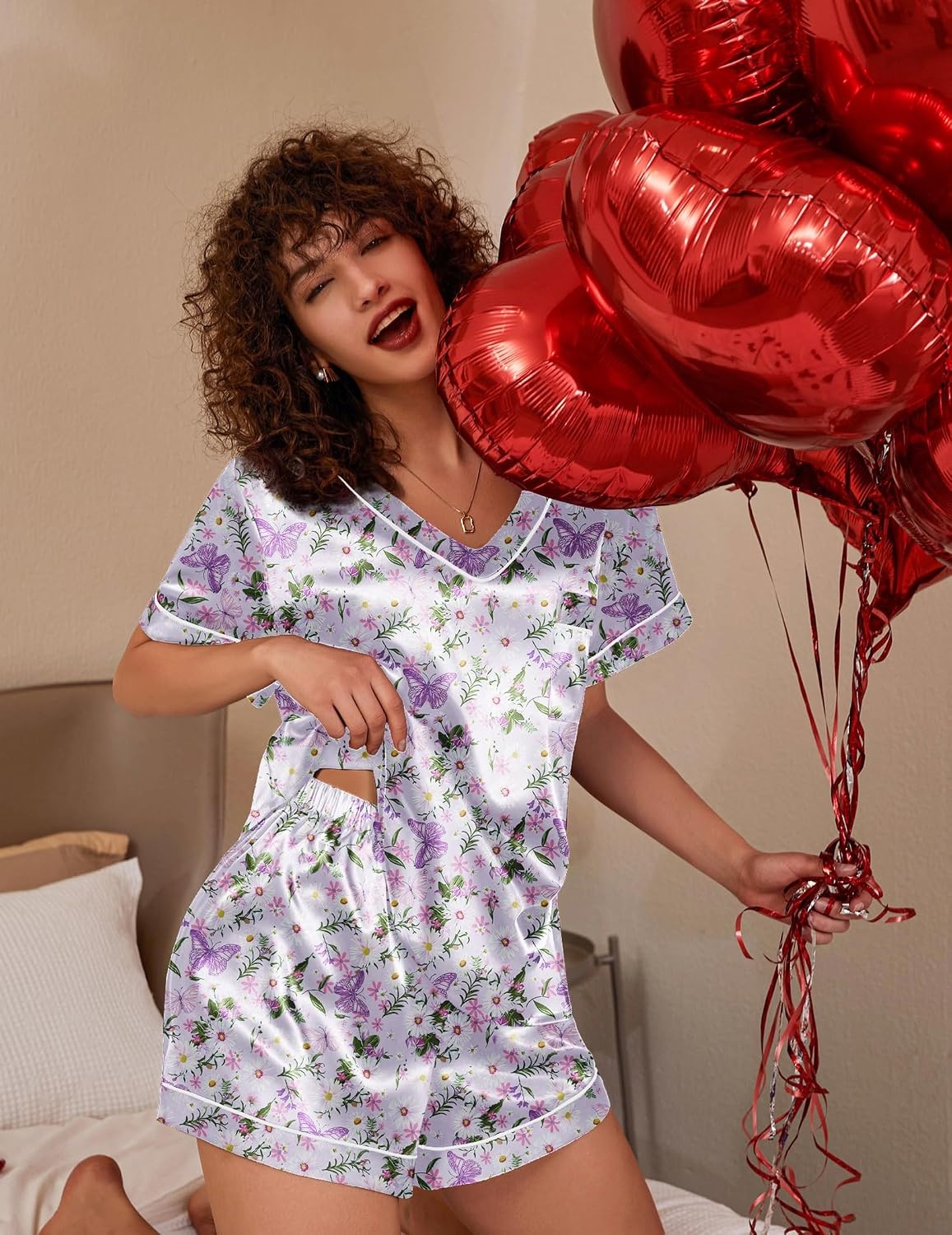 image:imageEkouaer Silk Pajama for Women Short Sleeve Satin Pj Set Two Piece XSXXL loungewear or daily wearValentines Day Bridal Party Honeymoon Vacation and Anniversaries Gift walkingenjoying coffeePurple Butterfly Daisies