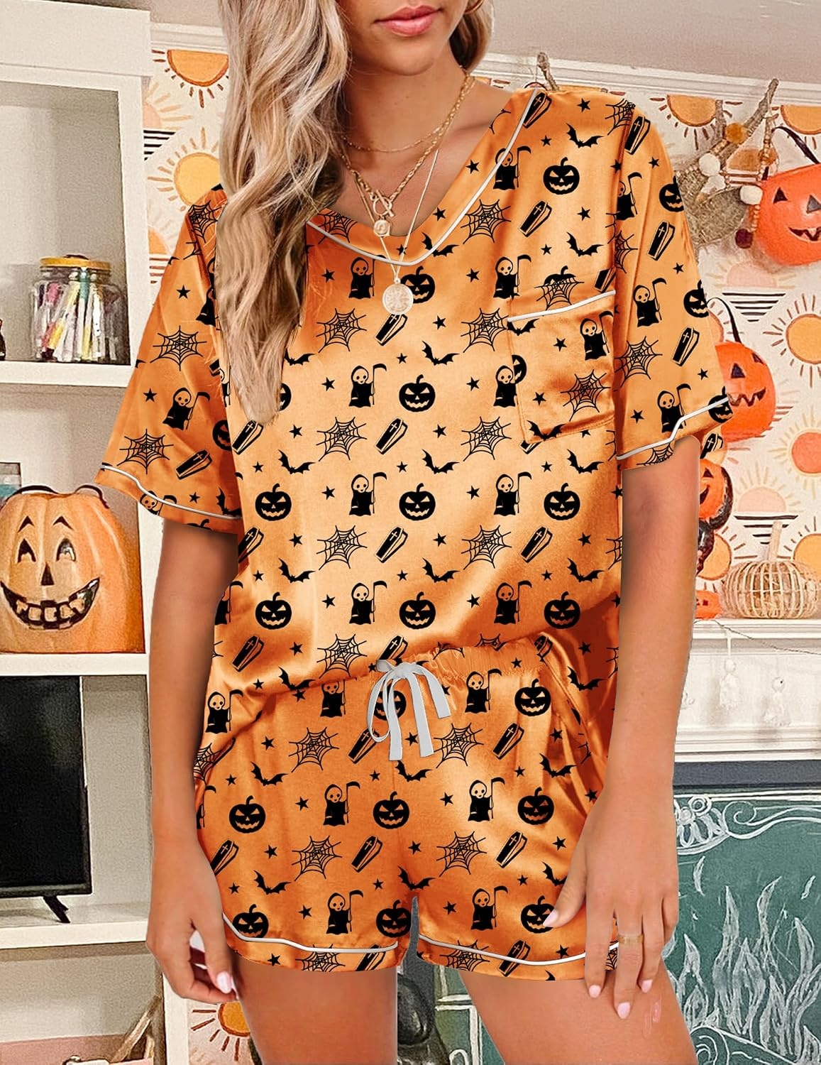 image:imageEkouaer Silk Pajama for Women Short Sleeve Satin Pj Set Two Piece XSXXL loungewear or daily wearValentines Day Bridal Party Honeymoon Vacation and Anniversaries Gift walkingenjoying coffeeOrange Ghost