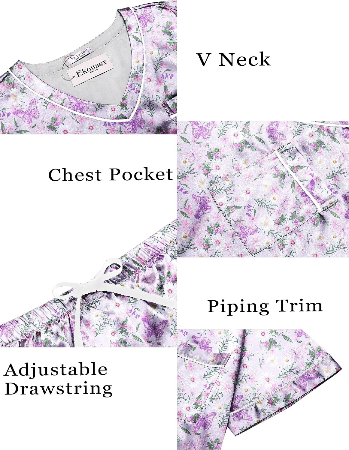 image:imageEkouaer Silk Pajama for Women Short Sleeve Satin Pj Set Two Piece XSXXL loungewear or daily wearValentines Day Bridal Party Honeymoon Vacation and Anniversaries Gift walkingenjoying coffeePurple Butterfly Daisies