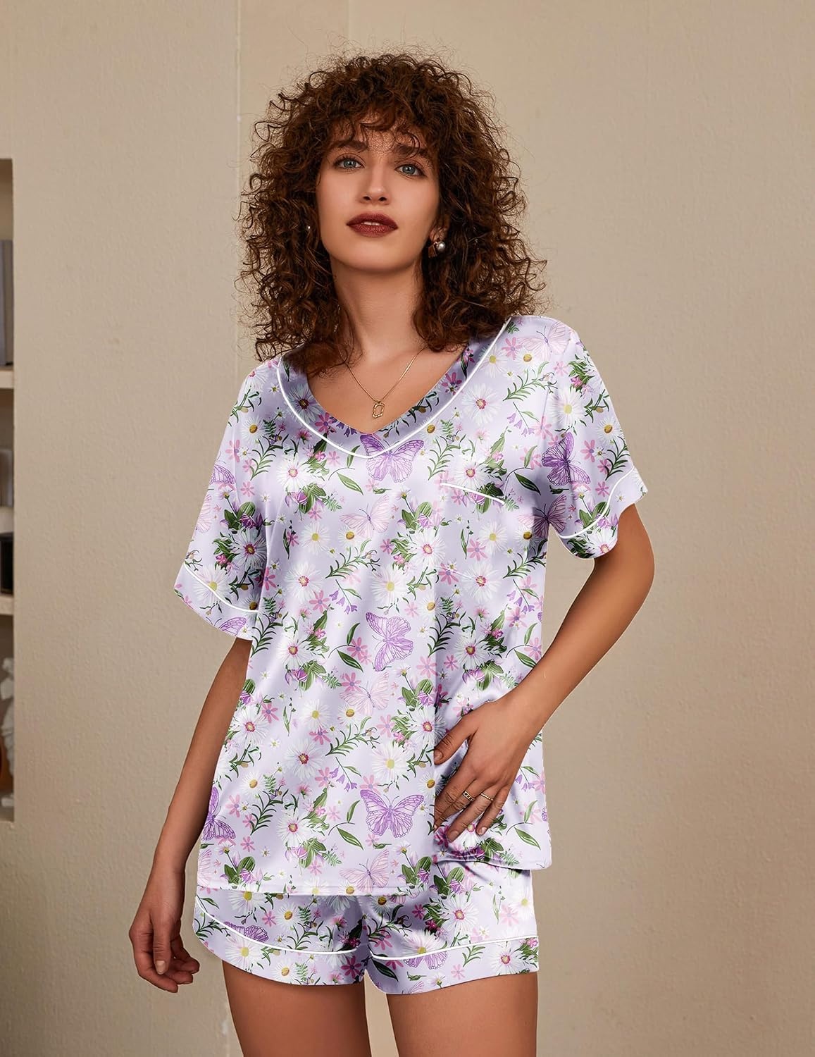 image:imageEkouaer Silk Pajama for Women Short Sleeve Satin Pj Set Two Piece XSXXL loungewear or daily wearValentines Day Bridal Party Honeymoon Vacation and Anniversaries Gift walkingenjoying coffeePurple Butterfly Daisies