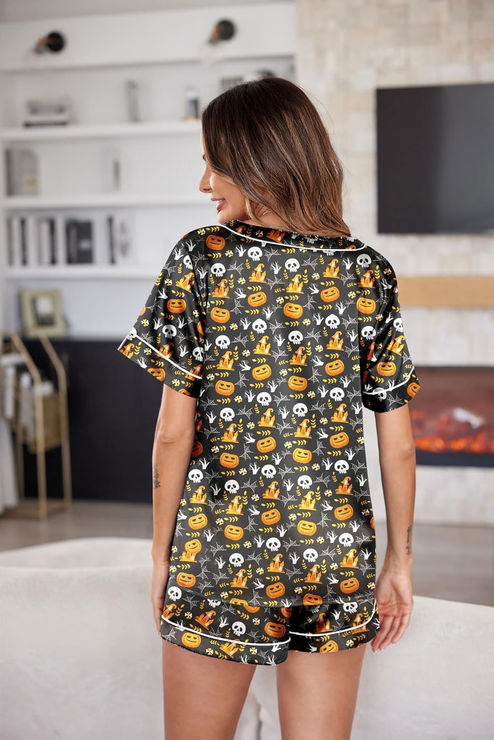 image:imageEkouaer Silk Pajama for Women Short Sleeve Satin Pj Set Two Piece XSXXL loungewear or daily wearValentines Day Bridal Party Honeymoon Vacation and Anniversaries Gift walkingenjoying coffeeBlack Pumpkin Spider Web