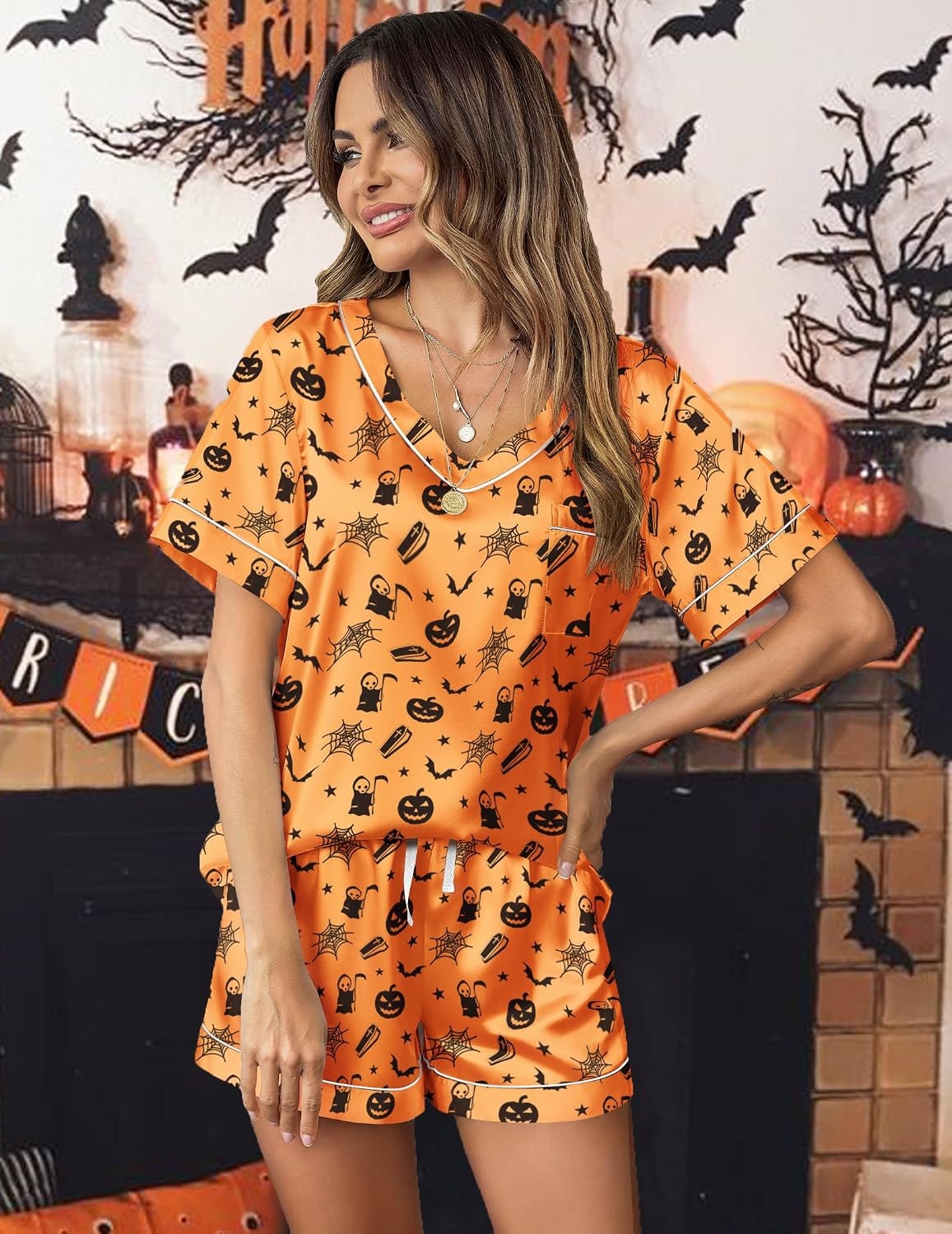 image:imageEkouaer Silk Pajama for Women Short Sleeve Satin Pj Set Two Piece XSXXL loungewear or daily wearValentines Day Bridal Party Honeymoon Vacation and Anniversaries Gift walkingenjoying coffeeOrange Ghost
