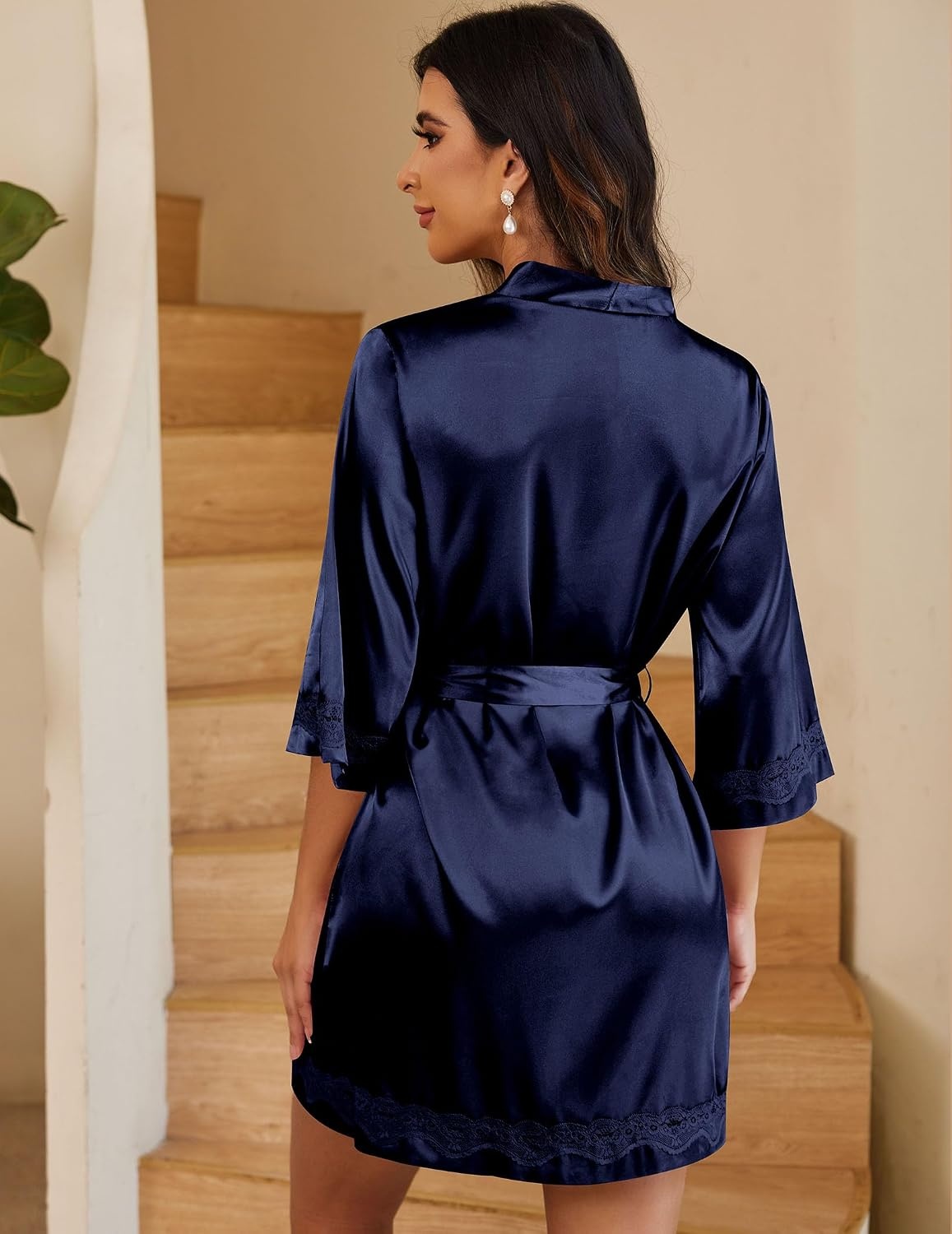 image:imageEkouaer Women Silky Satin Robe Lace Bridesmaid Bathrobes Kimono Loungewear Short Bride Robes for Bridal Wedding Party 34 Sleeves Knee Length Maternity Robe Lightweight Soft Satin FabricDeep Blue