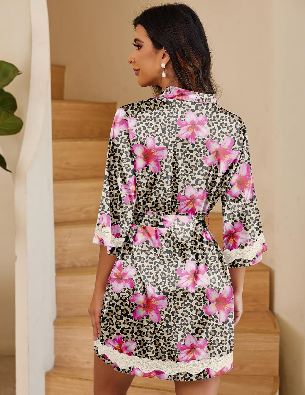 image:imageEkouaer Women Silky Satin Robe Lace Bridesmaid Bathrobes Kimono Loungewear Short Bride Robes for Bridal Wedding Party 34 Sleeves Knee Length Maternity Robe Lightweight Soft Satin FabricFlower Leopard