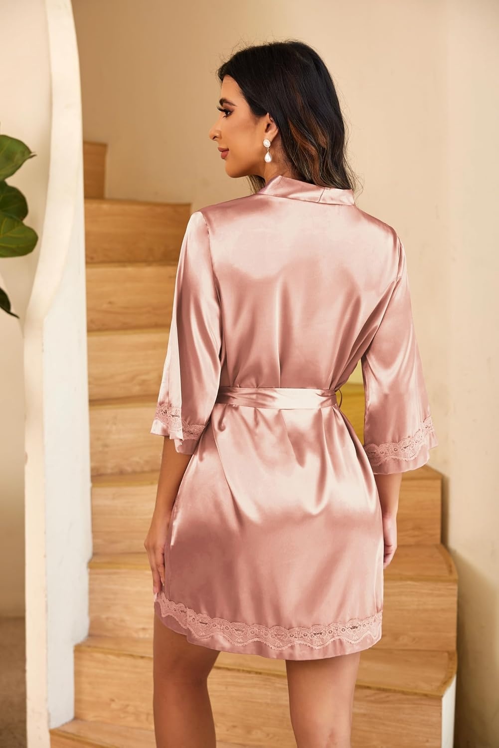 image:imageEkouaer Women Silky Satin Robe Lace Bridesmaid Bathrobes Kimono Loungewear Short Bride Robes for Bridal Wedding Party 34 Sleeves Knee Length Maternity Robe Lightweight Soft Satin FabricDeep Pinkbean Paste
