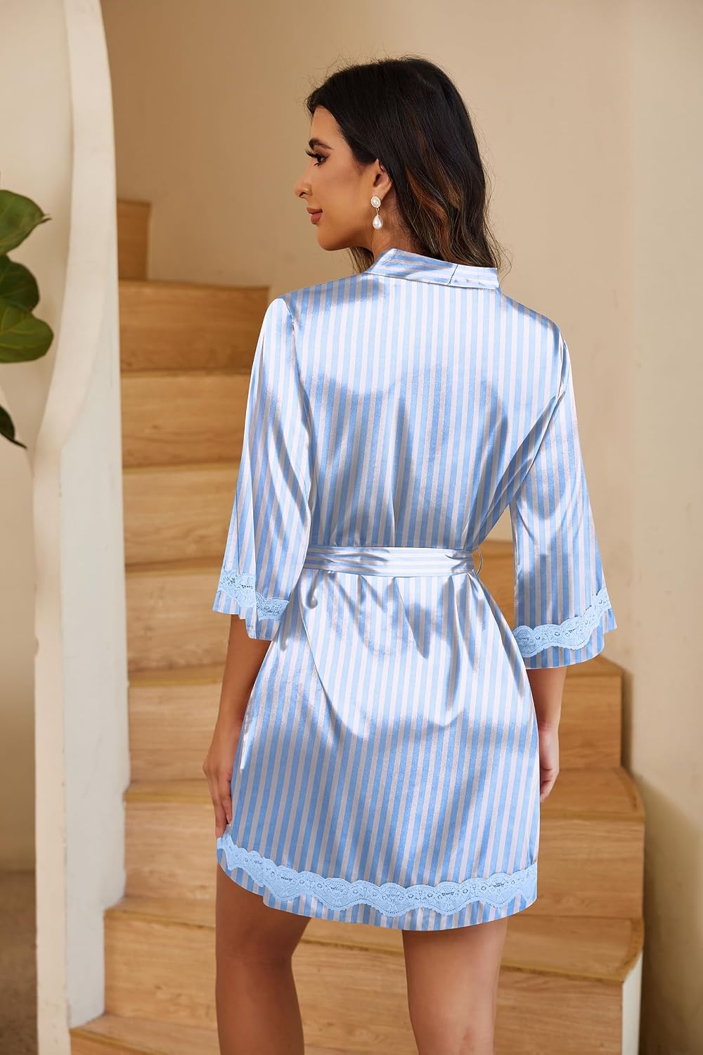 image:imageEkouaer Women Silky Satin Robe Lace Bridesmaid Bathrobes Kimono Loungewear Short Bride Robes for Bridal Wedding Party 34 Sleeves Knee Length Maternity Robe Lightweight Soft Satin FabricBlue White Stripes