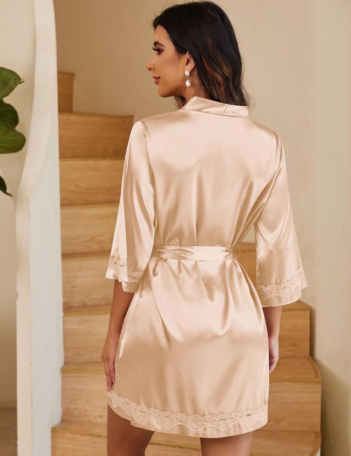 image:imageEkouaer Women Silky Satin Robe Lace Bridesmaid Bathrobes Kimono Loungewear Short Bride Robes for Bridal Wedding Party 34 Sleeves Knee Length Maternity Robe Lightweight Soft Satin FabricFlesh Color