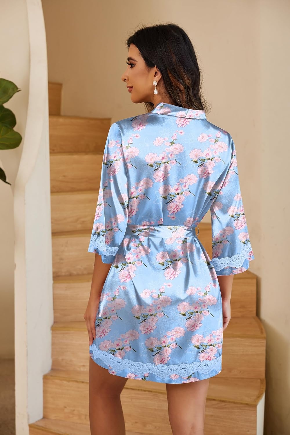 image:imageEkouaer Women Silky Satin Robe Lace Bridesmaid Bathrobes Kimono Loungewear Short Bride Robes for Bridal Wedding Party 34 Sleeves Knee Length Maternity Robe Lightweight Soft Satin FabricBlue Pink Floral