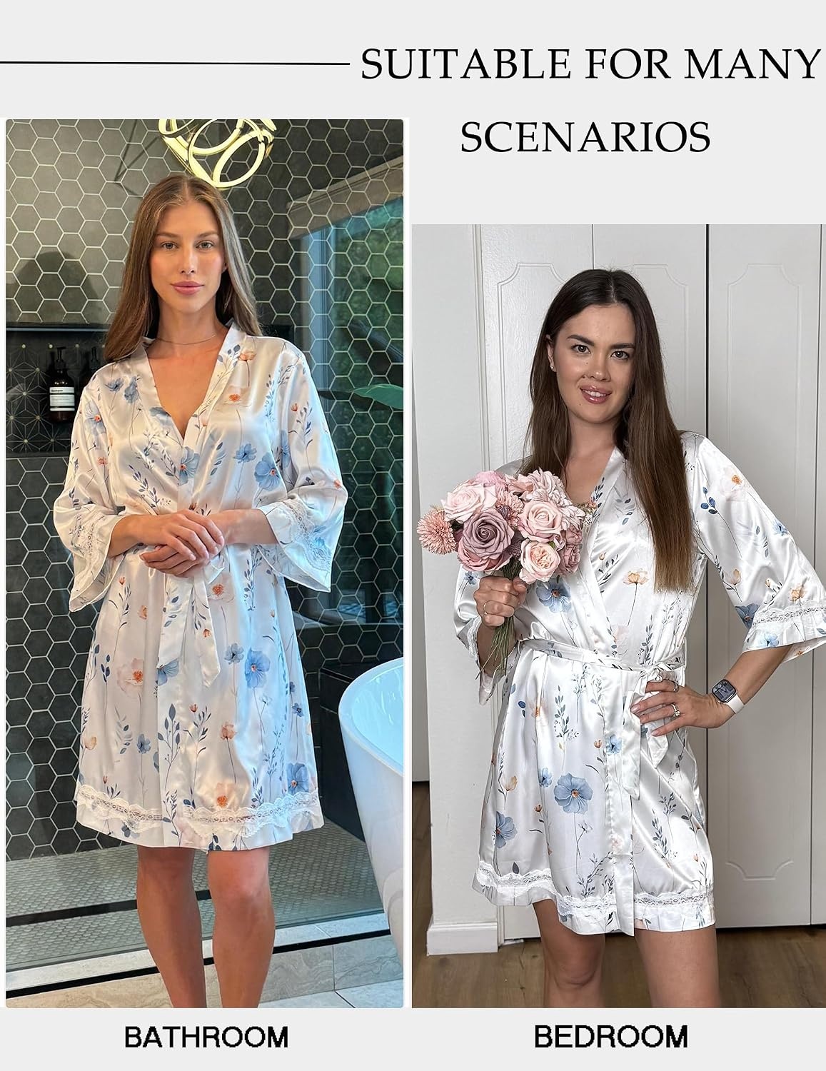 image:imageEkouaer Women Silky Satin Robe Lace Bridesmaid Bathrobes Kimono Loungewear Short Bride Robes for Bridal Wedding Party 34 Sleeves Knee Length Maternity Robe Lightweight Soft Satin FabricWhite Flower