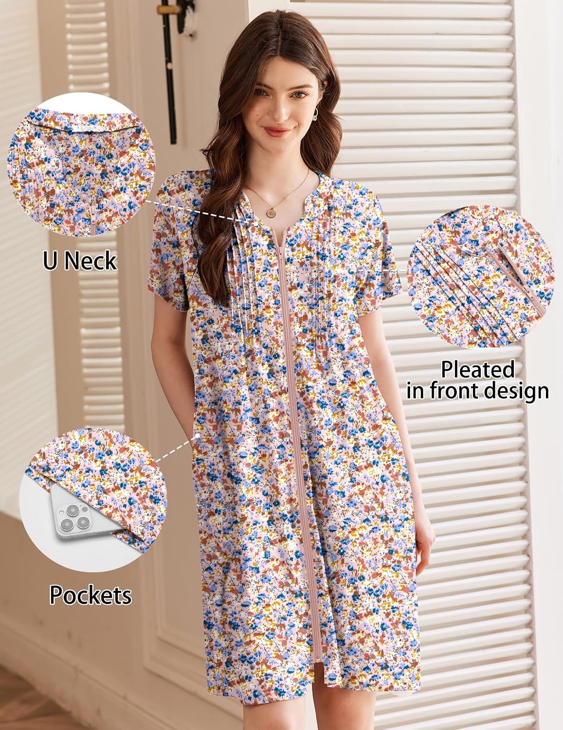 image:imageEkouaer Women Zipper Robes Short Bathrobe Lightweight House Coat ZipfrontShort SleevesTwo PocketsKnee LengthCute Pleated FrontMumu Duster Moo Moo Nightgown Lounge robeFloral Pink